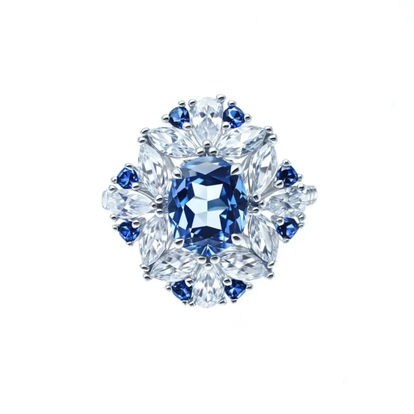 4CT Blue Zircon S925 Ring – Natural Cut, 8x10mm