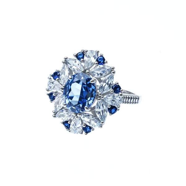 4CT Blue Zircon S925 Ring – Natural Cut, 8x10mm