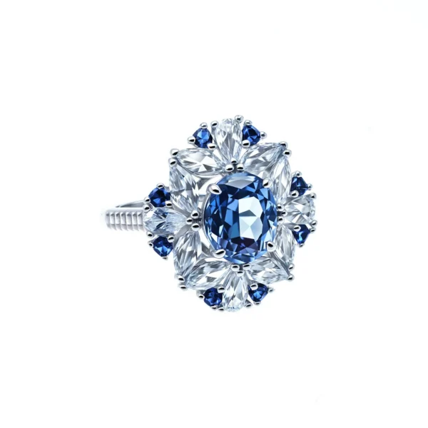 4CT Blue Zircon S925 Ring – Natural Cut, 8x10mm